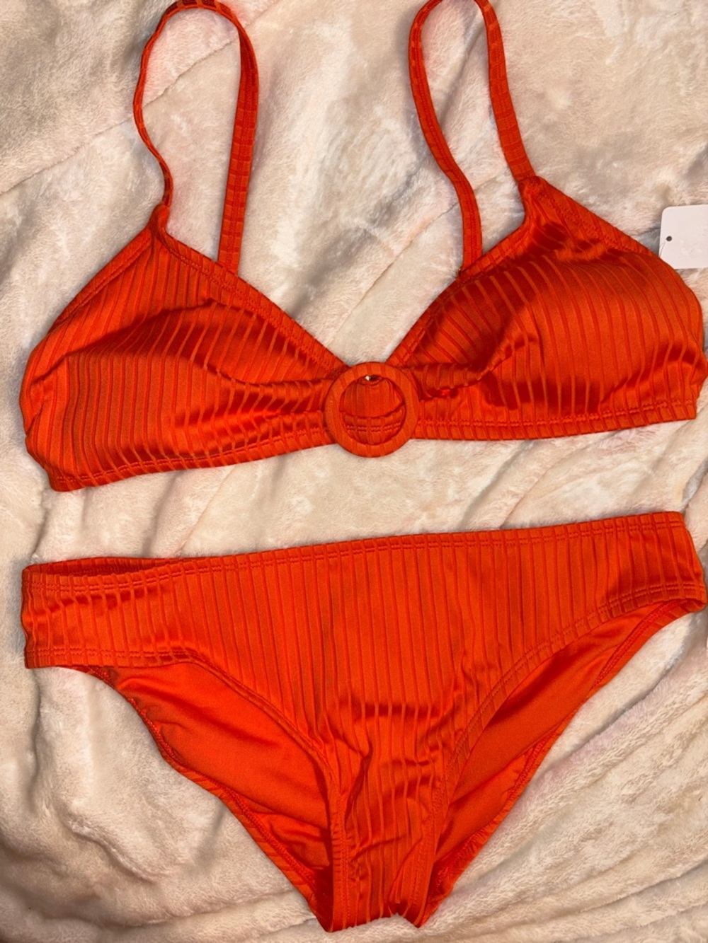 Orange Ribbed Ring-Front Bikini Set - 2-Piece top is size XL  and bottom is L